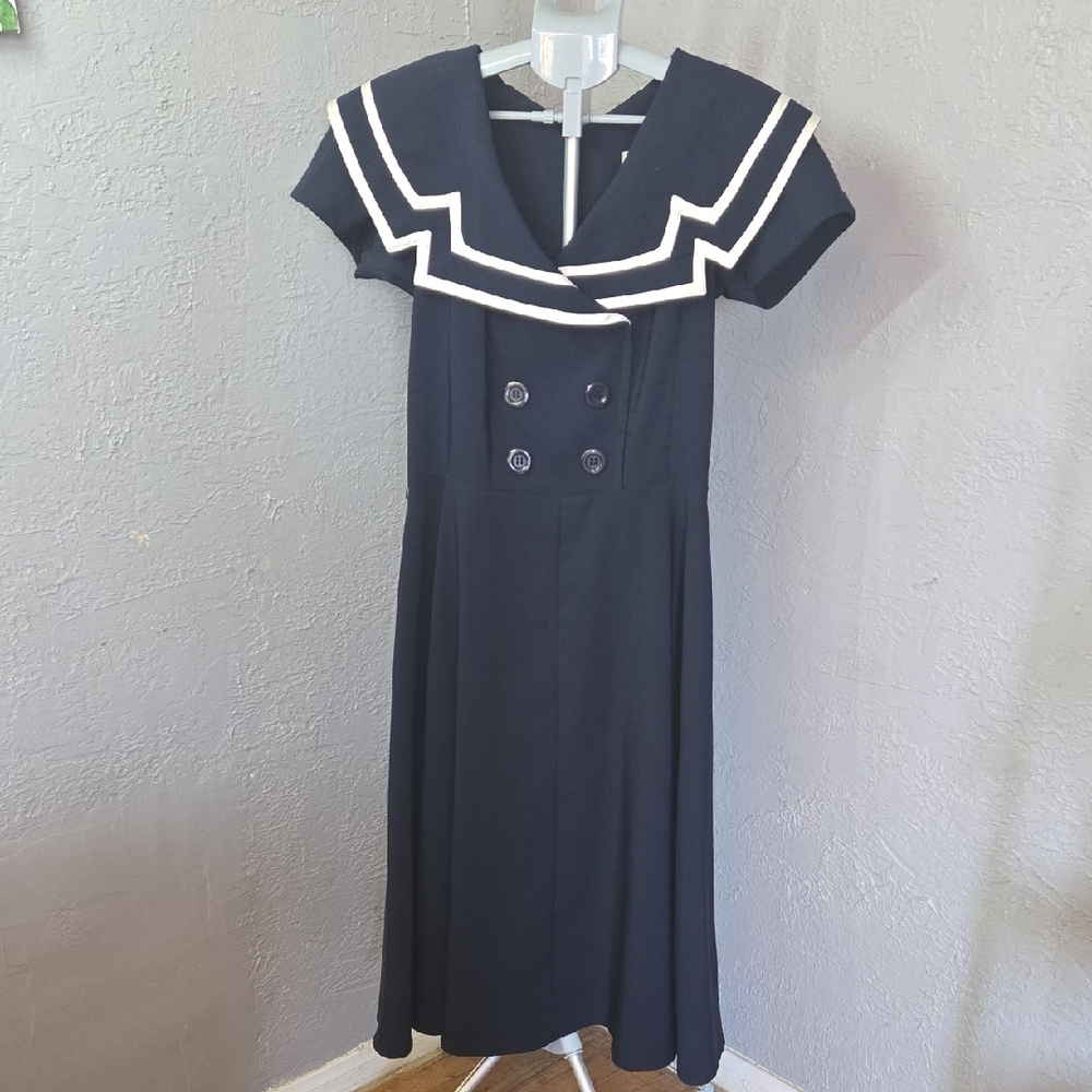 Bettie Page Navy and White Midi Dress Sailor Pin Up Coquette
